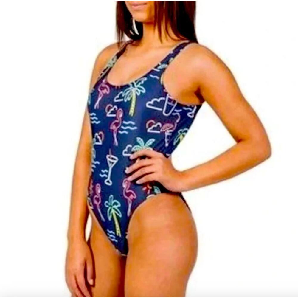 Chubbies Swimsuit Womens Large The Electric One-Piece Neon Lights Open Back